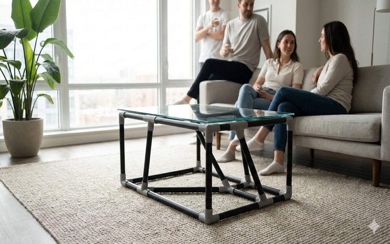 Mesa FOAM DESK numa sala com sofá e pessoas conversando