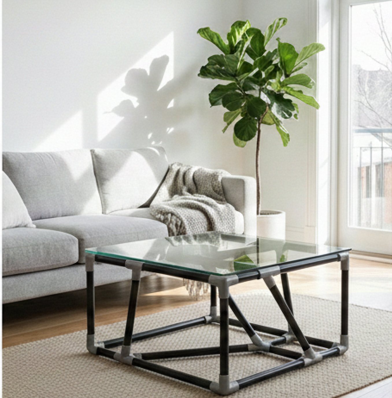 Mesa FOAM DESK ao lado de um sofá cinza e uma planta